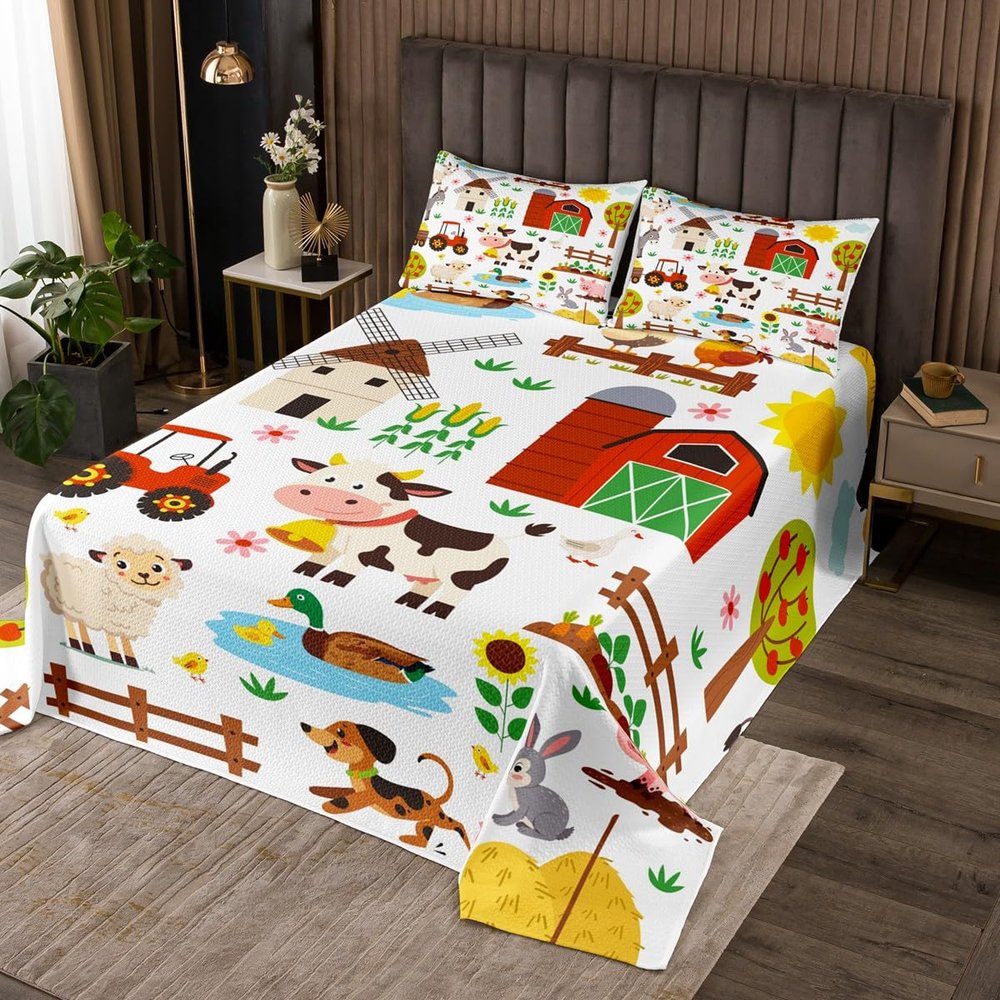 Cartoon Tractor Coverlet Set King Size, Cute Farm Animals Quilted Coverlet Kids Toddler Farmhouse Bedspread Cute Farm Animals Quilted 3Pcs
