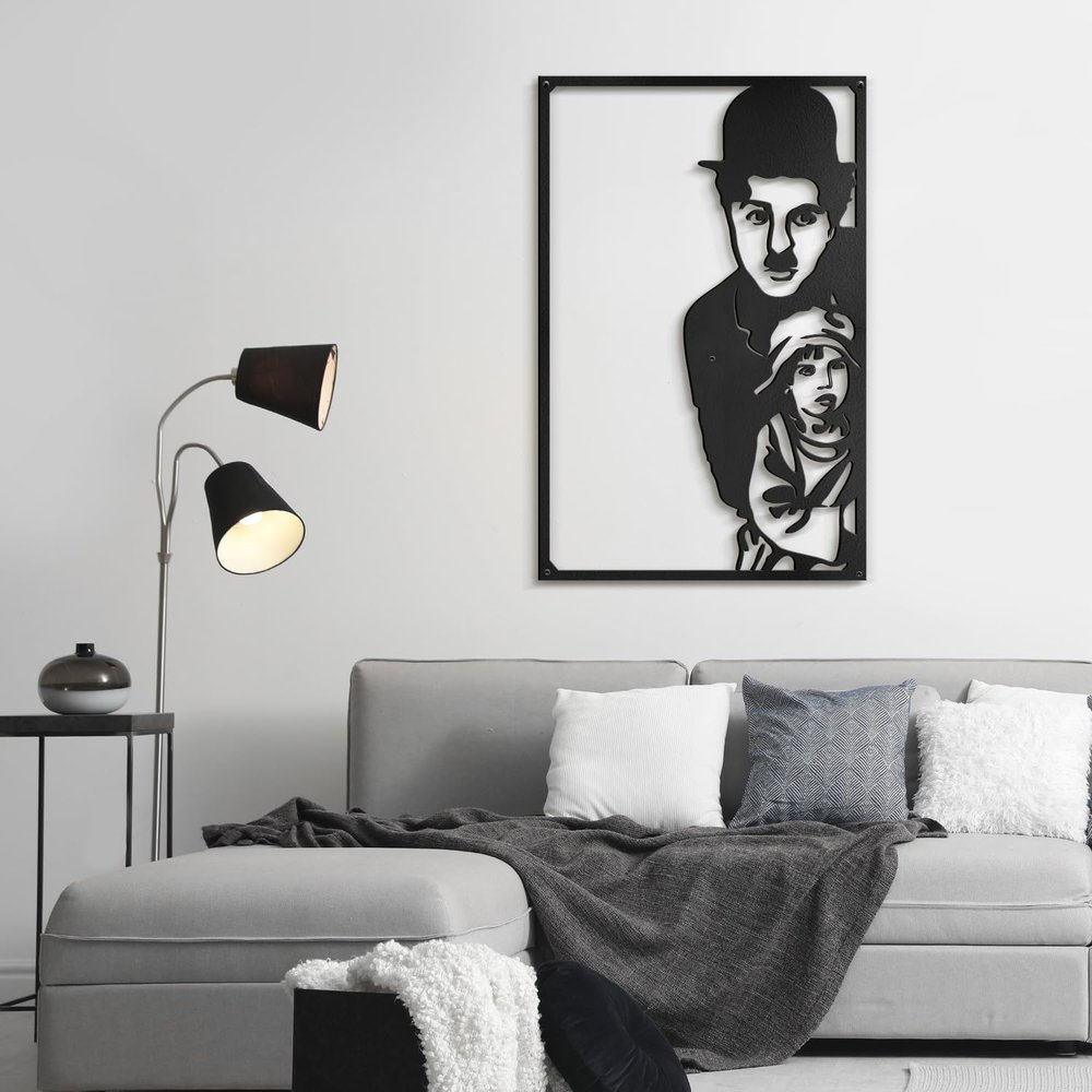 SIGNLEADER Metal Wall Art Decor Chaplin and children Minimalist Modern Abstract Wall Sculpture Hangings Home Decoration for Living Room, Bedroom, Bathroom, Kitchen, Outdoor - 30" Black