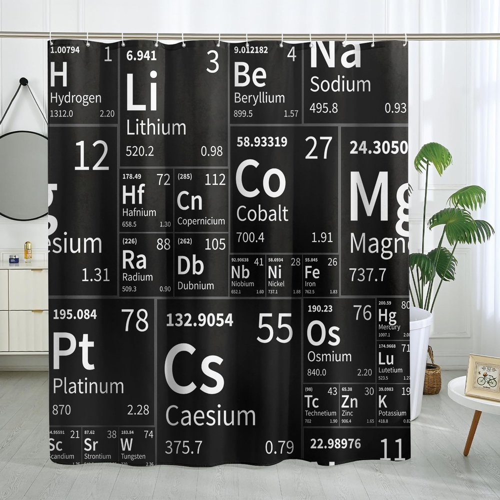 DESIHOM Chemistry Black Periodic Table Shower Curtain Science Elements Shower Curtain Kids Bathroom Decor Polyester Fabric-72" x 72"