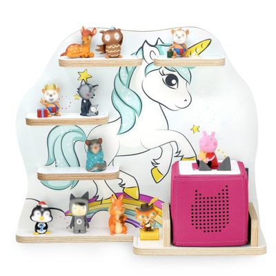 stadtecken Wooden Shelf for Music Box I Suitable for The Toniebox and ca. 35 Tonies I Perfect Storage in The Children's Room I for Setting up or Hanging (Medium, Unicorn)