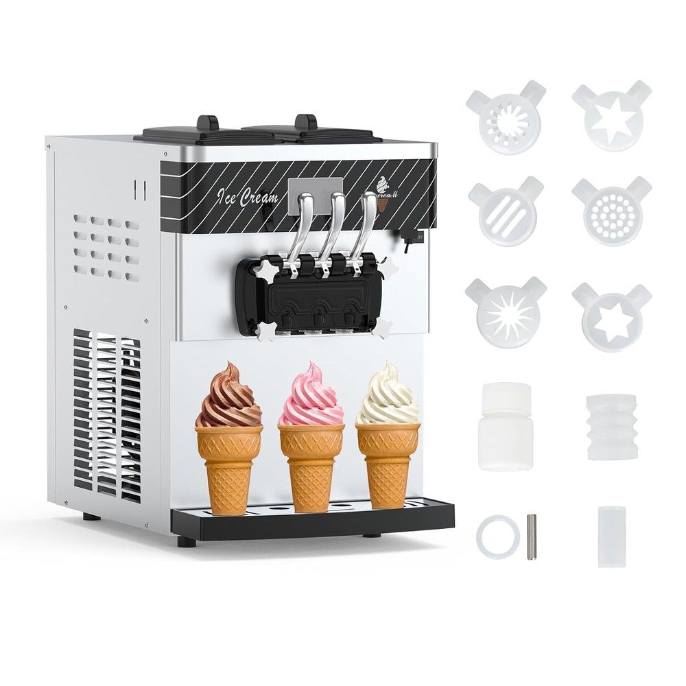 3 Flavor Soft Serve Ice Cream Maker Countertop Commercial Ice Cream Machine 2450W,With 2 * 7L Hoppers & 2 * 1.8L Cylinders 20-30L Hourly Maker for Snack Bar Supermarkets,White
