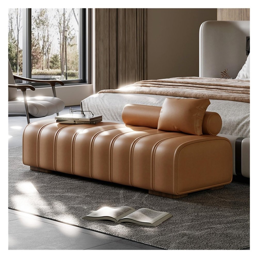 REIK Bedroom End of Bed Bench Faux Leather Upholstered Bed End Bench Modern Bench, Living Room Entry Bedroom Rectangular Bench Ottoman Couch Bench (Color : Orange, Size : 120 * 45 * 43cm)