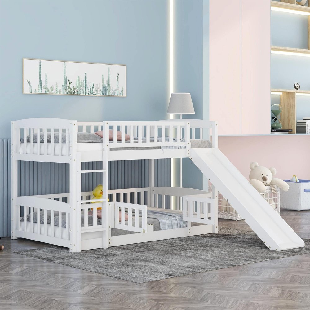 Bellemave Bunk Bed Twin Over Twin with Slide and Stairs, Twin Bunk Bed for Kids, Girls, Boys, Floor Bunk beds with Fence and Door, White