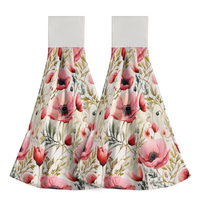 Giwawa Pink Poppy Hanging Kitchen Towel - Floral Leaf Hand Tie Towels Set 2 Spring Summer Flowers Dish Towels with Loops Abstract Leaves Tea Bar Dish Cloths Towel for Home