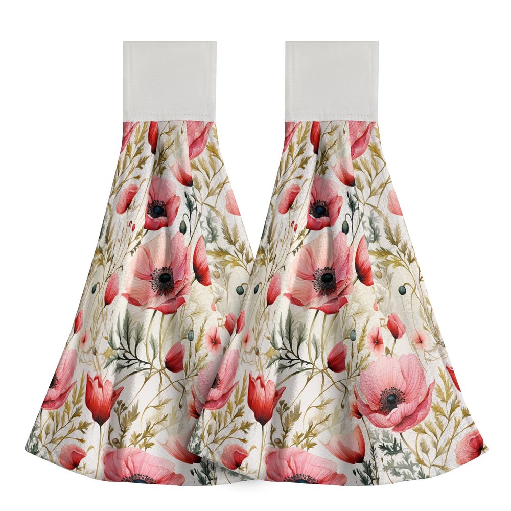 Giwawa Pink Poppy Hanging Kitchen Towel - Floral Leaf Hand Tie Towels Set 2 Spring Summer Flowers Dish Towels with Loops Abstract Leaves Tea Bar Dish Cloths Towel for Home