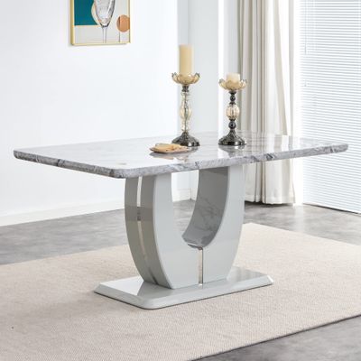 JUFU 63" Faux Marble Dining Table for 6, Modern Rectangular Kitchen & Dining Room Table, Gray Marble-Look MDF Top, U-Shaped Pedestal Base, Easy Assembly