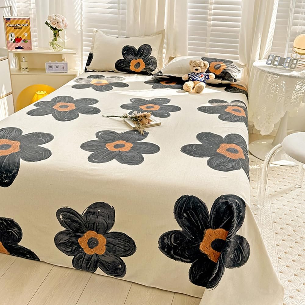 Wellboo Floral Bed Sheet Set Queen - Black & White Botanical Flat Sheets with Beige Sunflowers, Fitted & Flat Sheets, 3D Large Flower Bedding Sheets for Women, Girls & Teens