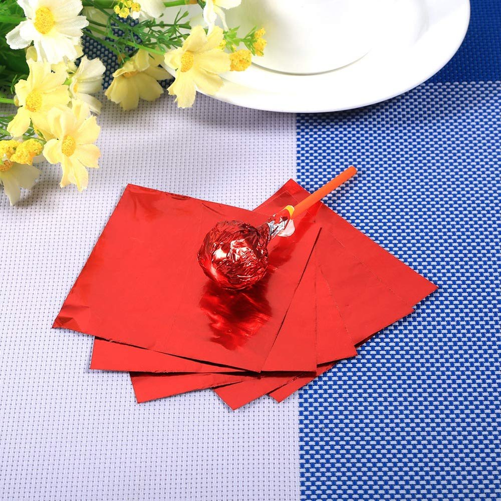 EcoFriendly 3 X 3 Foil Wrappers, Candy Foil Sheets, Silver for Confections Sweets Chocolate Dessert (Red)