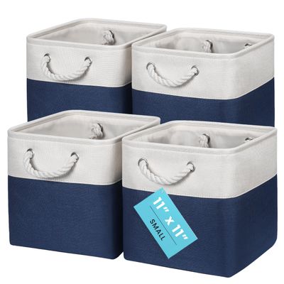OrganiHaus 11x11 Cube Storage Bins 4 Pack, Foldable Cube Storage Organizer w/ Rope Handles, Collapsible Fabric Bins for Toys, Clothes & Closet Organization, Fabric Square Baskets - Navy Blue