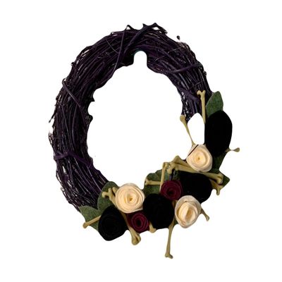 Purple Grapevine Wreath with Bones and Felt Leaves & Flowers - Purple Halloween Wreath - Green Witch - Fall Wreath