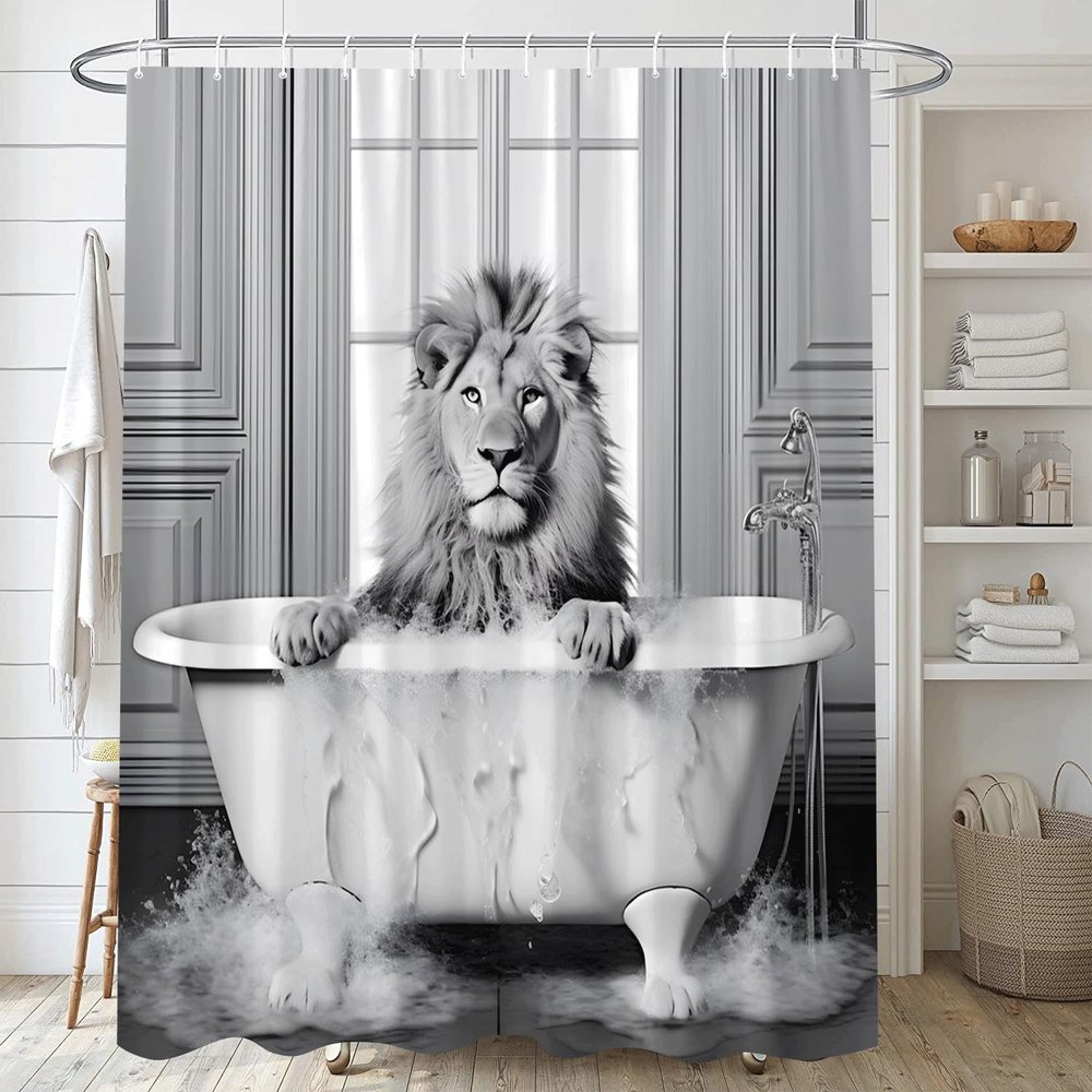 MUENKKCS Funny Lion Shower Curtain The Tropical Animals Sat in The Bathtub and Took a Bubble Bath African Large Wildlife Raptor Retro Jungle King Safari Park Bathroom Decor Curtain with Hooks 70Wx70H