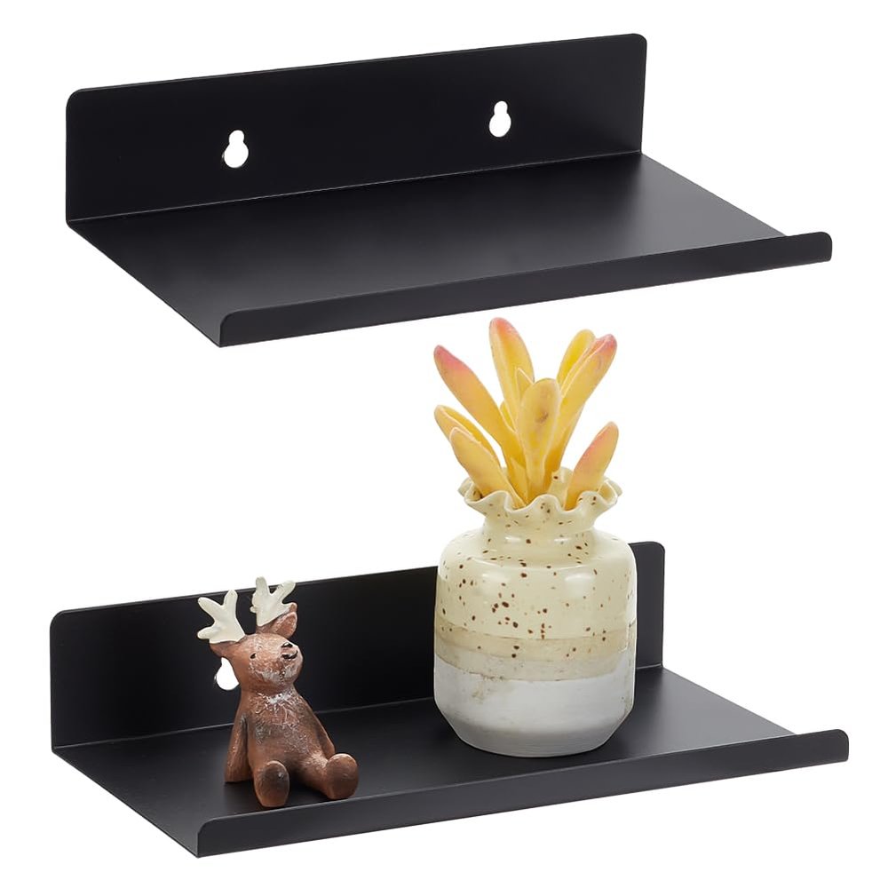 AHANDMAKER 2Pcs Metal Floating Shelves for Wall, 7.87x3.9 Black Metal Wall Shelves, Small Collectibles Organizers, Universal Shelves for Kitchen Bedroom Living Room Makeup Figures Collection Display