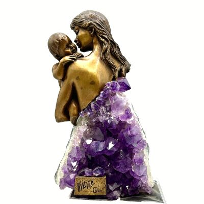 Bronze Mother & Child Statue W/Semi-Precious Amethyst Stone by Jose Luis Spain