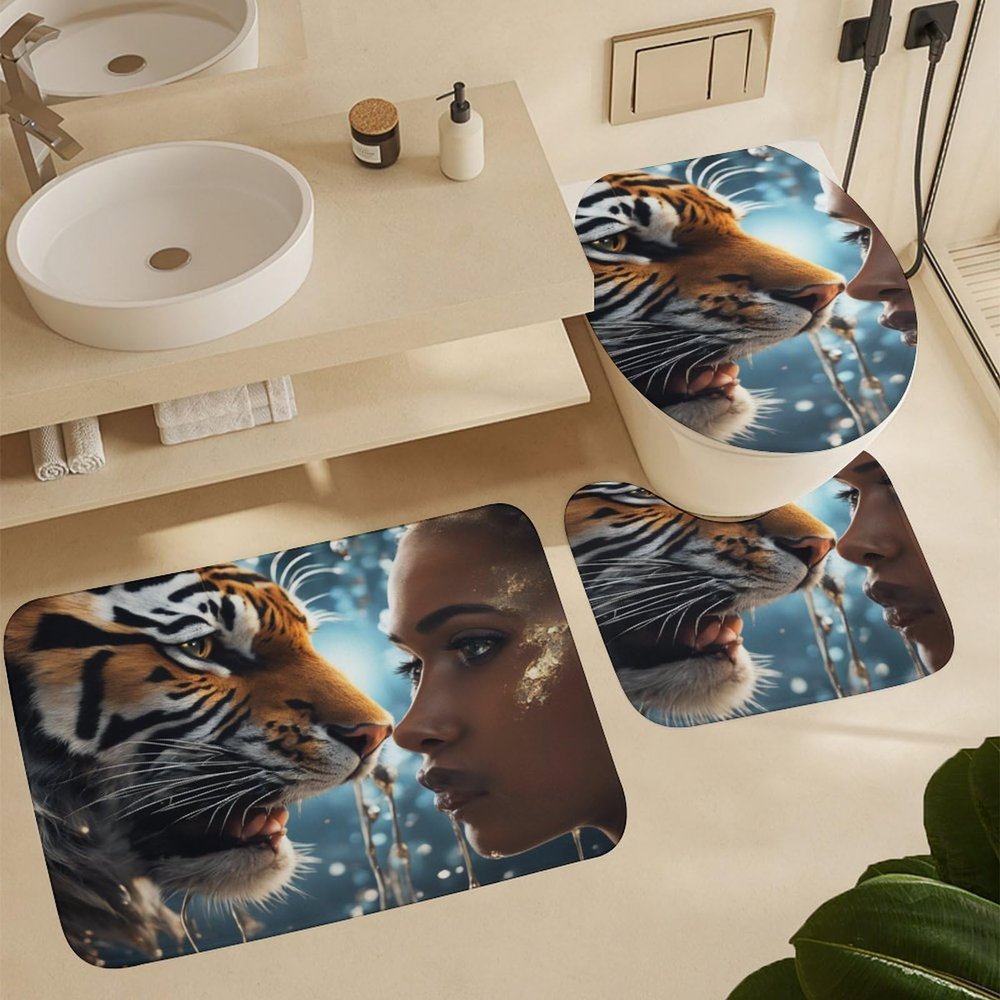 ZGDPBYF Cartoon Black Girl Wild Ferocious Tiger Eyes Confrontation Bathroom Rugs Sets 3 Piece Afro American Bath Mats for Bathroom Floor, Soft Bathroom Mats and Rugs Sets for Toilet Shower Sink
