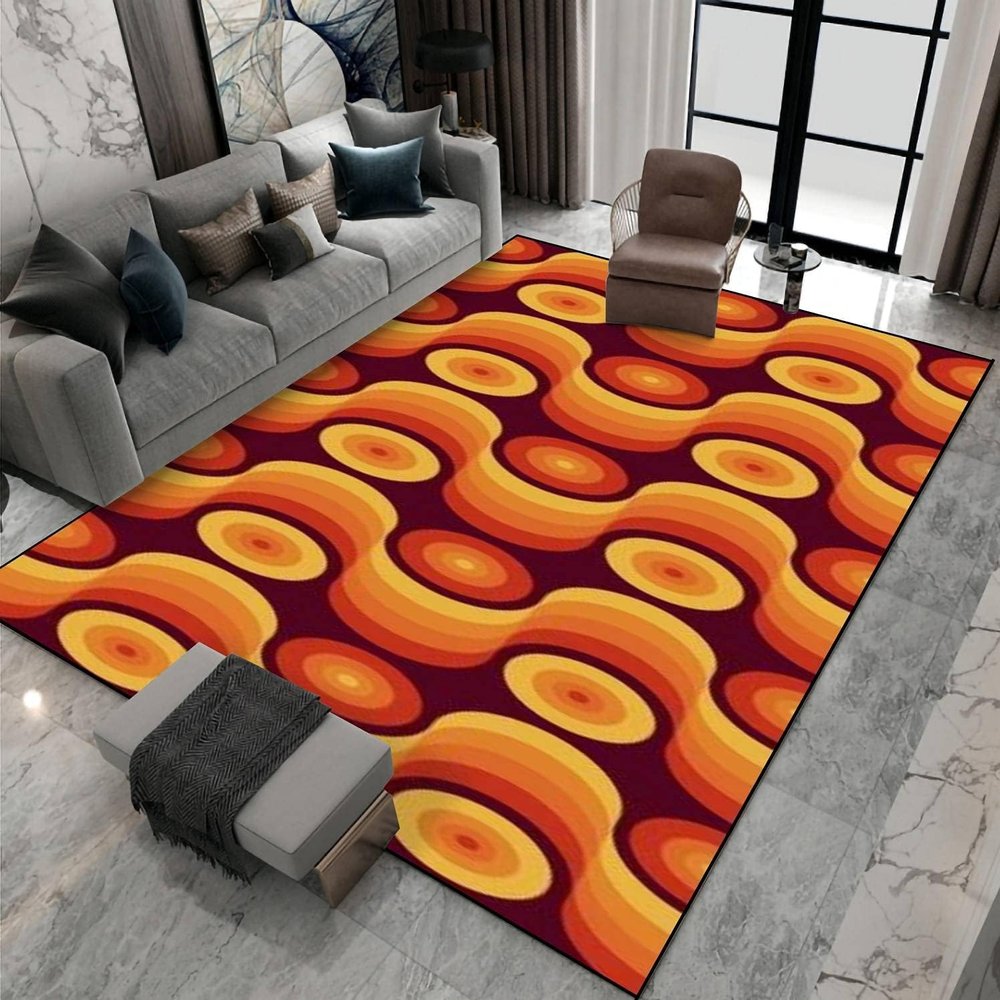 Large Area Rugs 8x10ft, 70's Retro Seamless Pattern Living Room Rug, Material Illustration Indoor Decor Carpet, Non-Slip Large Area Easy to Clean for Kids Boys Girls Game Room Tea Table Sofa