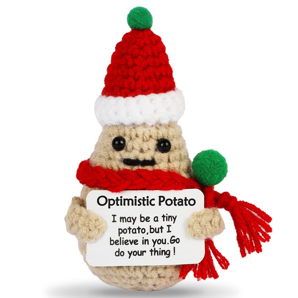 DAFURIET Positive Christmas Potato, 3 inch Knitted Wool Doll with Card for Cheer Up Gifts and Party Decorations, Cute Wool Potato Crochet Doll for Birthday Gifts (Christmas Potato)