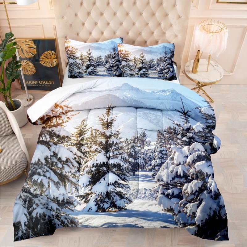 Jingzhang Snow Comforter Set King Size, 3D Print Winter Sunshine Snowy Bedding Set Golden Sunshine Forest Quilt Duvet Insert 3 Pieces