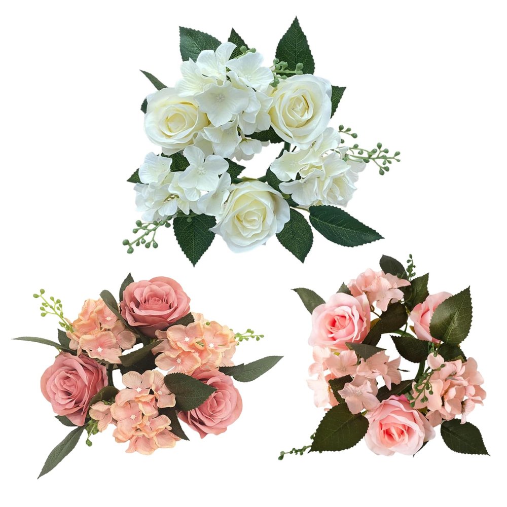 Muzrunq Candle Rings Wreaths Artificial Rose Candle Wreath Center Silk Flower Christmas Candle Ring Holder 4 Inch for Wedding Centerpiece Party Home Table Decor White