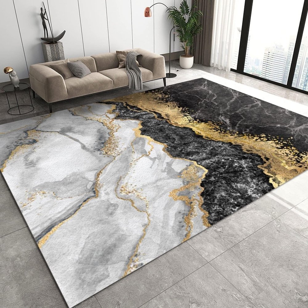 Large Area Rugs 6x9ft, Contemporary Style Living Room Rug, Black Gold Marble Textured Indoor Decor Carpet, Non-Slip Large Area Easy to Clean for Kids Boys Girls Game Room Tea Table Sofa