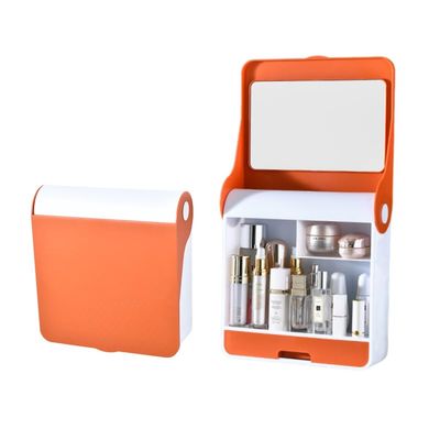 FZYUAN Wall Mounted Makeup Organizer with Mirror, Skincare Organizers Box with Lid and Drawers, Bathroom Wall Shelves Bathroom Organizer, Makeup Storage Box Bathroom Cabinet,Orange