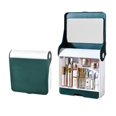 FZYUAN Wall Mounted Makeup Organizer with Mirror, Skincare Organizers Box with Lid and Drawers, Bathroom Wall Shelves Bathroom Organizer, Makeup Storage Box Bathroom Cabinet,Green