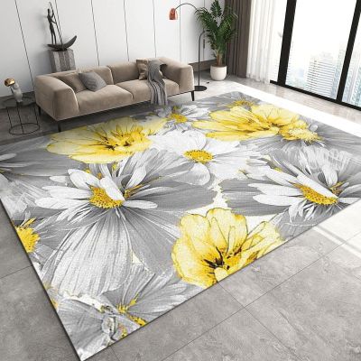 ERAYNA Hand Drawn Gray Yellow Floral Art Area Rugs, Retro Oil Painting Flowers Easy Clean Rug, Soft Non-Skid Carpet Throw Rug for Kids Teen Girls Boys Bedroom Living Room Bathroom Classroom 4ftx6ft