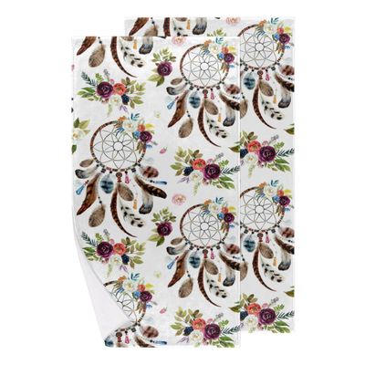 bisibuy Tribal Floral Bathroom Hand Towels Decorative Set of 2 Boho Dreamcatcher Kitchen Towels Lightweight Absorbent Hand Towels for Bathroom Hand Kitchen Home Decor Gifts