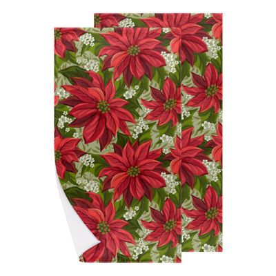 bisibuy Poinsettia Flowers Hand Towels for Bathroom 28.3 x 14.4 Decorative Kitchen Hand Towel Soft Absorbent Red Green Bathroom Towels Set of 2 Kitchen Drying Towels Home Farmhouse Decor Gifts