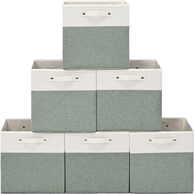FinishingBo 13 x 13 Inch Fine Linen Storage Bins with HandlesFabric Cube BoxsBasket Organizers for Shelves for Home, Closet Drawers (White/Green-6 Pack)