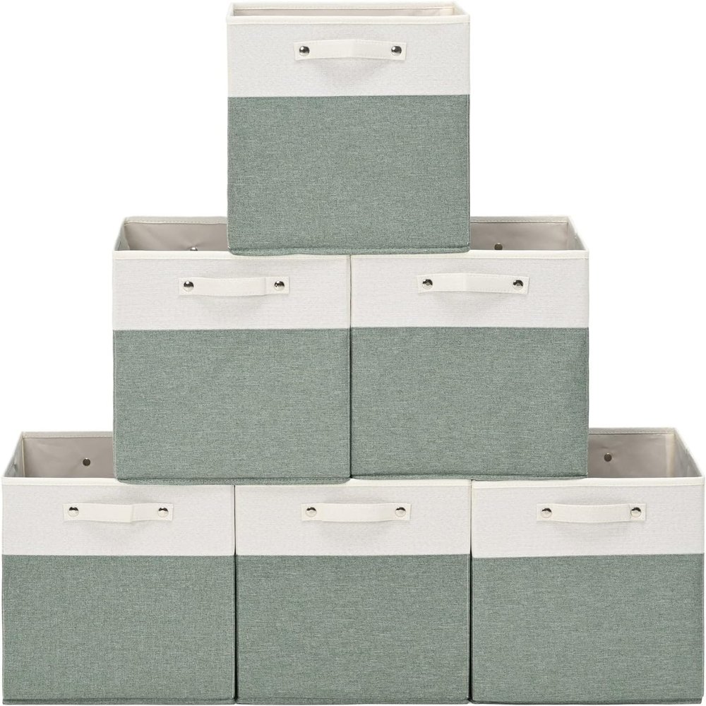 FinishingBo 13 x 13 Inch Fine Linen Storage Bins with HandlesFabric Cube BoxsBasket Organizers for Shelves for Home, Closet Drawers (White/Green-6 Pack)