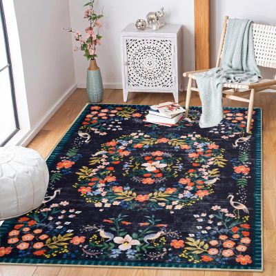 Qkjtyt Navy Blue Botanical Flower Washable Rug Traditional Floral Area Rugs for Girls Room Decor Boho Lightweight Bedroom Indoor Floor Mat Carpets,4'x6'