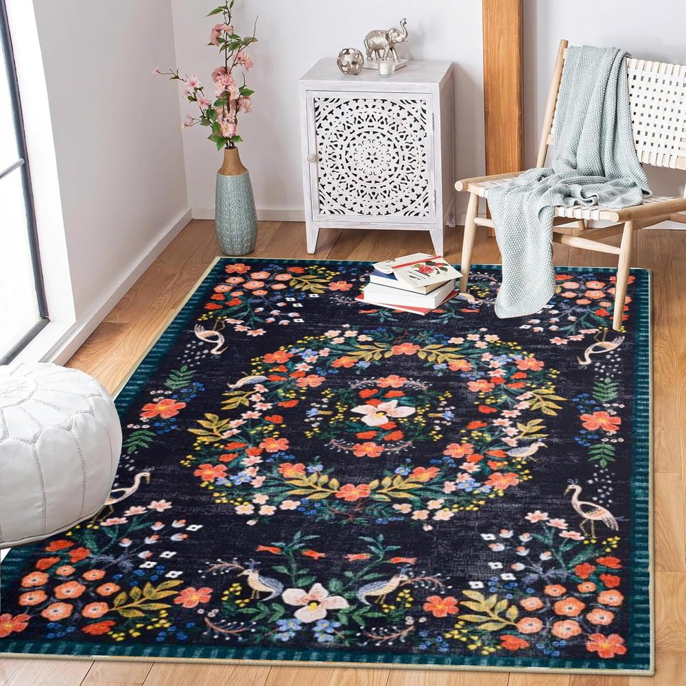 Qkjtyt Navy Blue Botanical Flower Washable Rug Traditional Floral Area Rugs for Girls Room Decor Boho Lightweight Bedroom Indoor Floor Mat Carpets,4'x6'