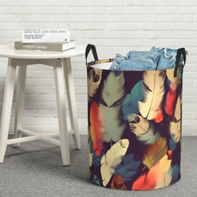 Feather print Laundry Hamper with Handle Waterproof Collapsible Organizer Baskets Circular Dirty Clothes Organizer Basket Portable Storage Bin for Bathroom Bedroom Dorm