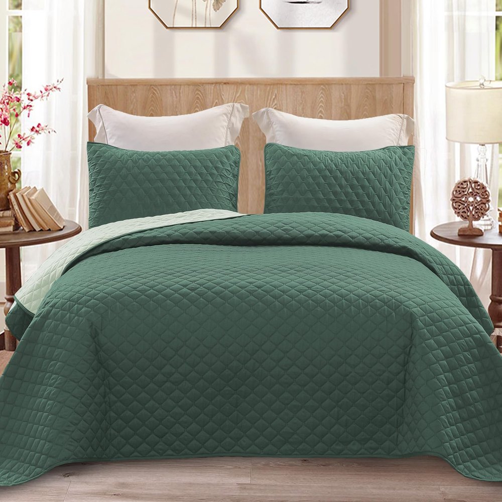 Exclusivo Mezcla Reversible Full Queen Quilt Bedding Set with Pillow Shams, Lightweight Quilts Queen Size, Soft Bedspreads Bed Coverlets for All Seasons - (Dark Green, 90"x96")