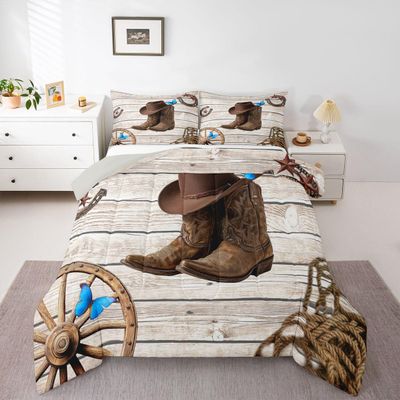 Erosebridal Rustic Farmhouse Comforter Set, Wooden Barn Door Country Bedding Set Full Size for Kids Boys Teens Adult Room, Western Cowboy Horseshoe Duvet Insert Butterfly Cowgirls Quilt, Gray Brown
