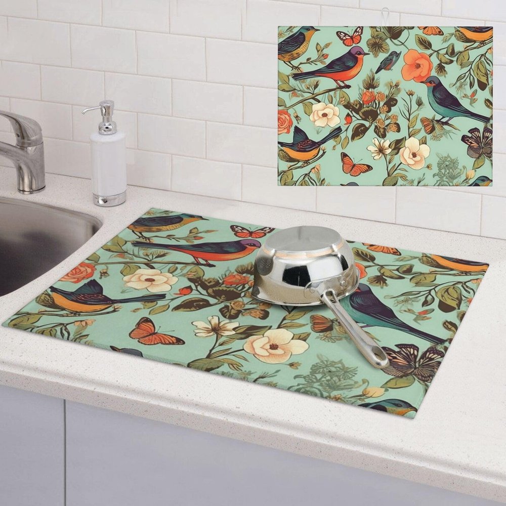Bird Pattern Dish Drying Mat Large 18"x 24" Dishes Drainer Mats for Kitchen Counter Super Absorbent Quick Drying Coffee Mat Dish Rack Pad,Rack Tableware Mat