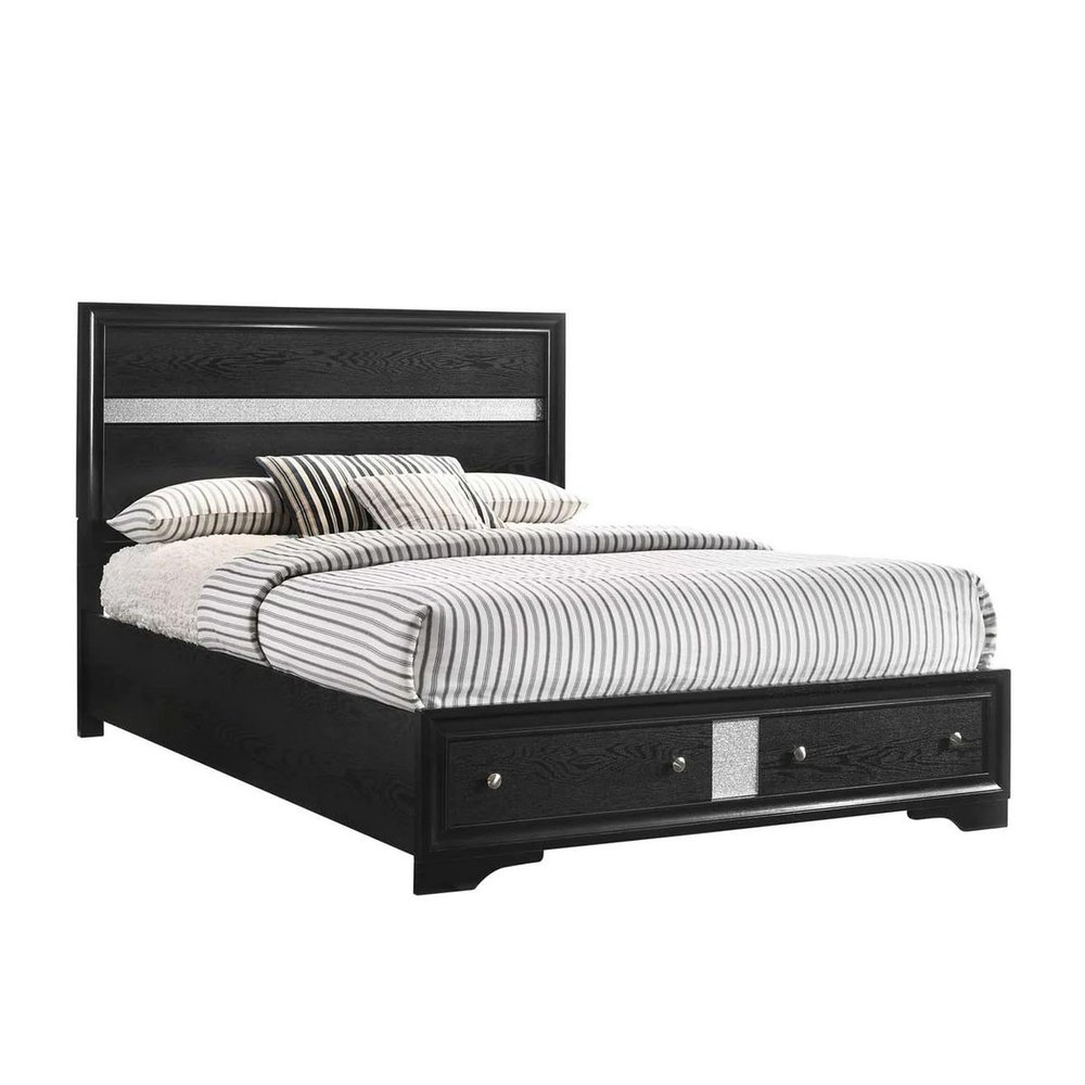 Benjara Regi King Size Bed, 2 Storage Drawers, Striped Headboard, Wood, Black and Silver