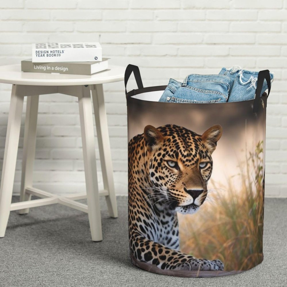African Animal Leopard print Laundry Hamper with Handle Waterproof Collapsible Organizer Baskets Circular Dirty Clothes Organizer Basket Portable Storage Bin for Bathroom Bedroom Dorm