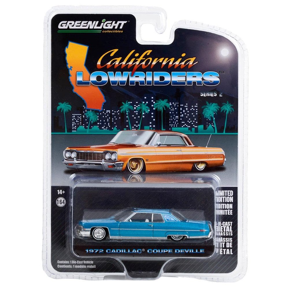 Greenlight Collectibles 1/64 1972 Cadillac Coupe Deville, Light Blue, California Lowriders 63030-E