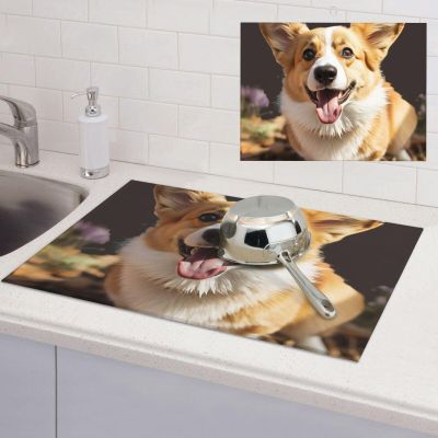 Cute Dog Corgi Dish Drying Mat Large 18"x 24" Dishes Drainer Mats for Kitchen Counter Super Absorbent Quick Drying Coffee Mat Dish Rack Pad,Rack Tableware Mat