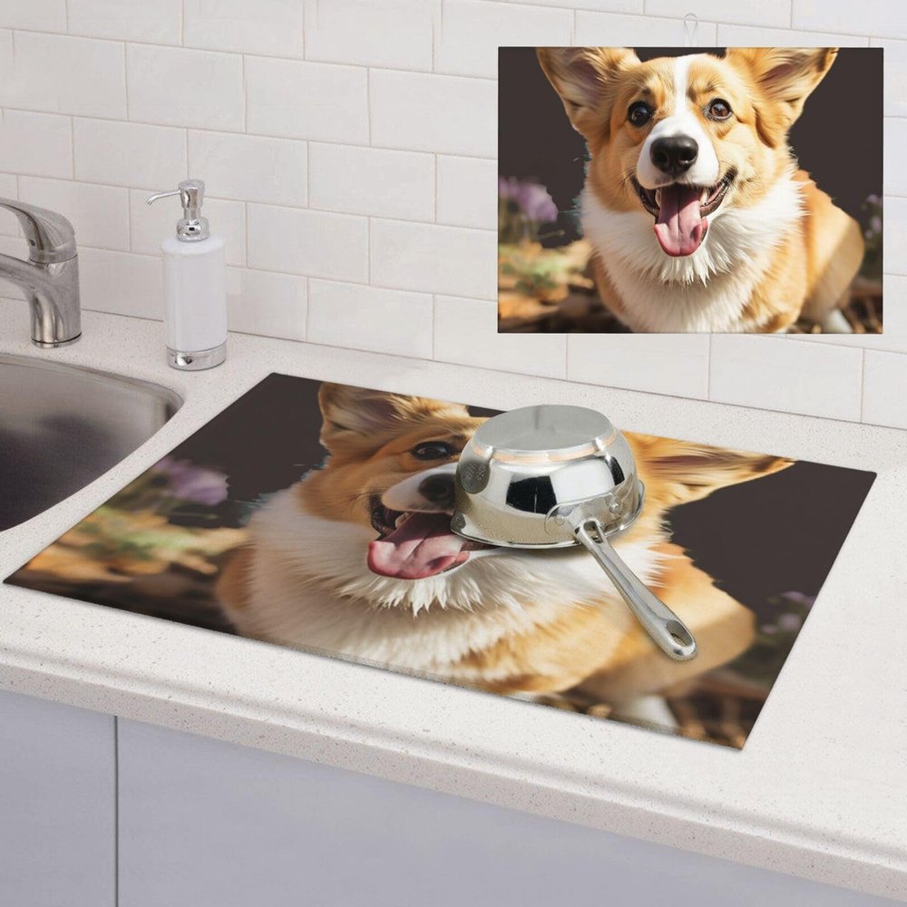 Cute Dog Corgi Dish Drying Mat Large 18"x 24" Dishes Drainer Mats for Kitchen Counter Super Absorbent Quick Drying Coffee Mat Dish Rack Pad,Rack Tableware Mat