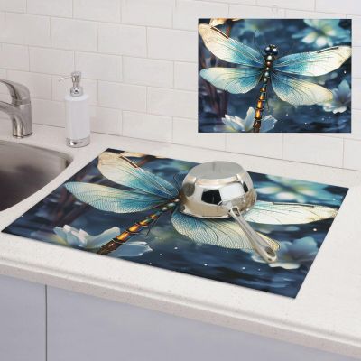 Dargonfly Dish Drying Mat Large 18"x 24" Dishes Drainer Mats for Kitchen Counter Super Absorbent Quick Drying Coffee Mat Dish Rack Pad,Rack Tableware Mat