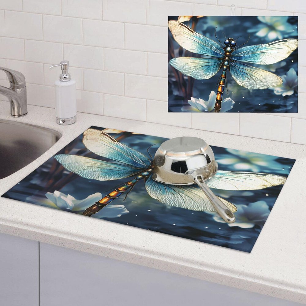 Dargonfly Dish Drying Mat Large 18"x 24" Dishes Drainer Mats for Kitchen Counter Super Absorbent Quick Drying Coffee Mat Dish Rack Pad,Rack Tableware Mat
