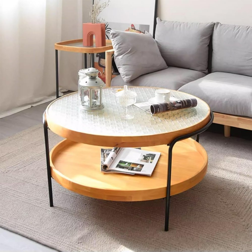 Coffee Table Round 2-Tier 31.5" Wood Mid Century Modern Coffee Table with Storage Glass Coffee Tables for Living Room with Metal Frame Fashionable Boho End Table for Living Room Bedroom Office (Color