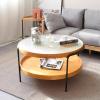 Coffee Table Round 2-Tier 31.5" Wood Mid Century Modern Coffee Table with Storage Glass Coffee Tables for Living Room with Metal Frame Fashionable Boho End Table for Living Room Bedroom Office (Color view 1