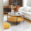 Coffee Table Round 2-Tier 31.5" Wood Mid Century Modern Coffee Table with Storage Glass Coffee Tables for Living Room with Metal Frame Fashionable Boho End Table for Living Room Bedroom Office (Color view 3