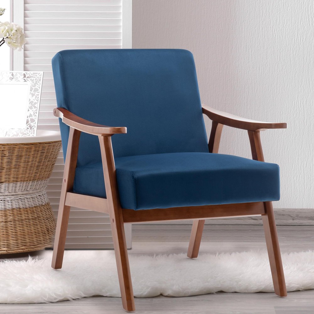 Gustonhon Mid Century Modern Accent Chair,Comfy Fabric Reading Chair with Retro Solid Wood Frame & High Back Upholstered Lounge Arm Side Chair for Living Room, Bedroom, Balcony (Navy Linen)