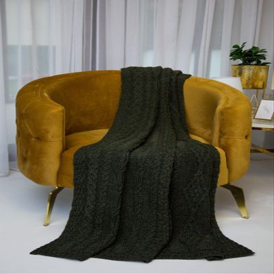 ARAN ISLE Fisherman Cable Knit Throw/Blanket 100% Virgin Wool 70 x 45 Inches (Army Green)