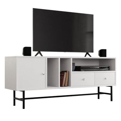 LeisureMod Rochester Mid-Century Modern Rectangular TV Stand with Enclosed Storage and Powder Coated Iron Legs for Living Room and Bedroom, White
