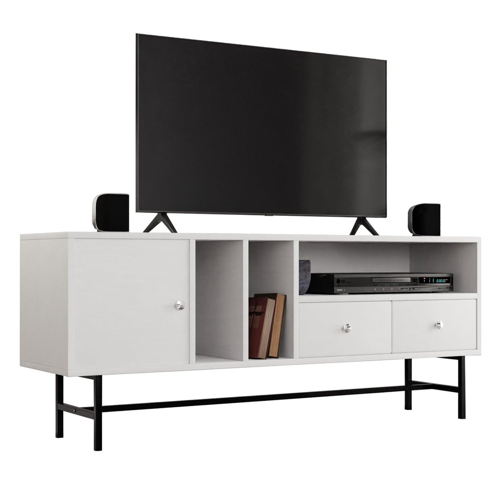 LeisureMod Rochester Mid-Century Modern Rectangular TV Stand with Enclosed Storage and Powder Coated Iron Legs for Living Room and Bedroom, White